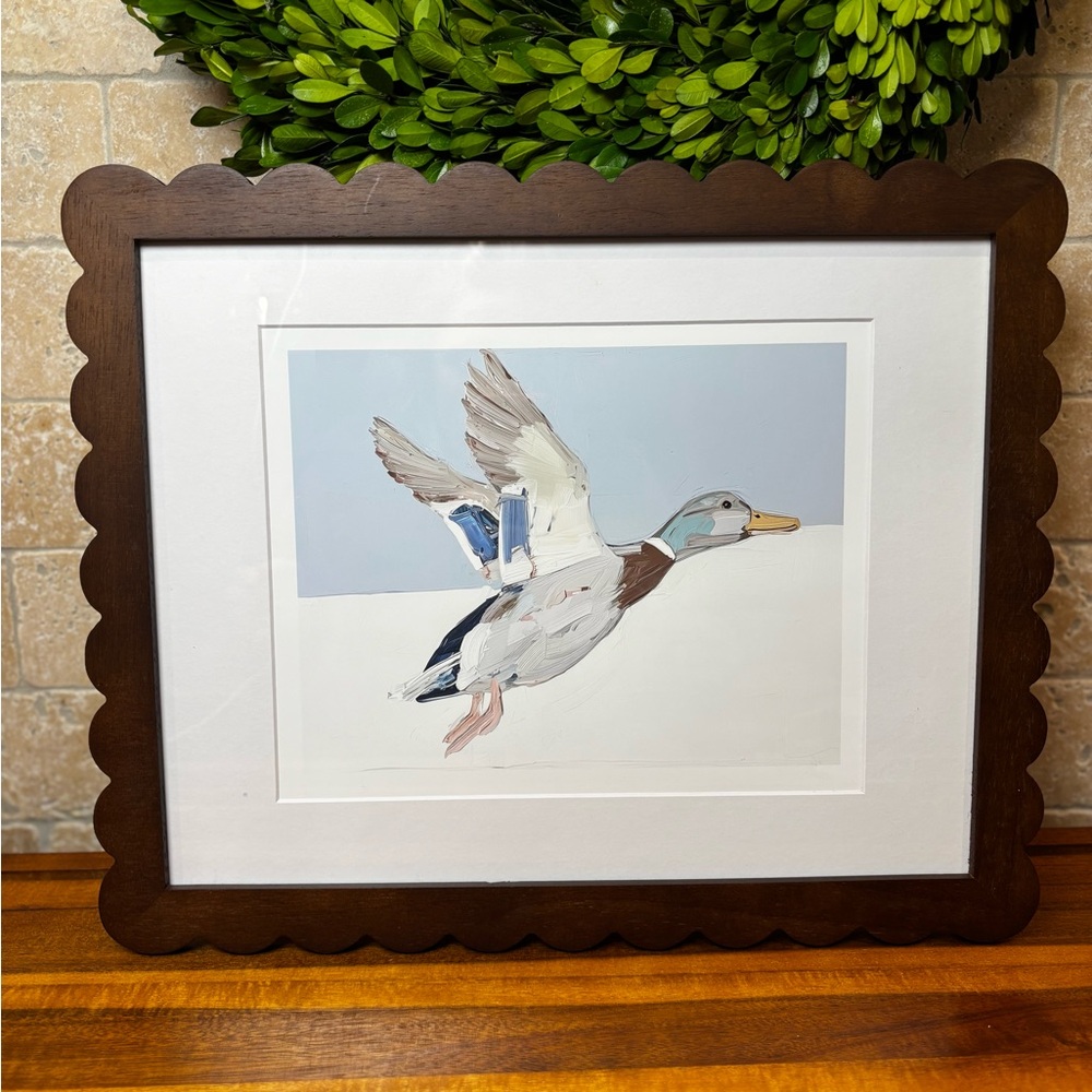 11x14 Duck Watercolor Art Print in Brown Scalloped Frame